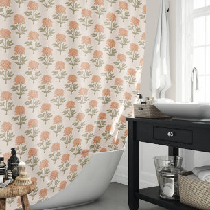 Peony Floral Block Print Vintage Boho Warm Neutral Shower Curtain