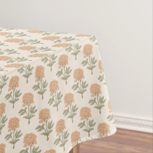 Peony Floral Block Print Vintage Boho Warm Neutral Tablecloth