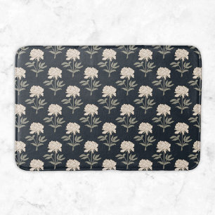 Peony Floral Block Print Vintage Botanical Dark Bath Mat