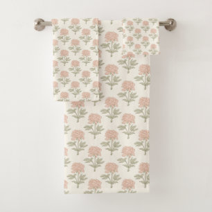 Peony Floral Block Print Vintage Cottage Soft Pink Bath Towel Set