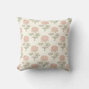 Peony Floral Block Print Vintage Cottage Soft Pink Cushion