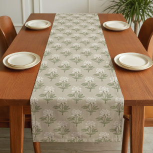 Peony Floral Block Print Vintage Mushroom Beige Short Table Runner