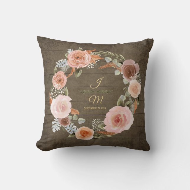 Peony Floral Blush Foliage Watercolor Rustic Wood Cushion (Front)