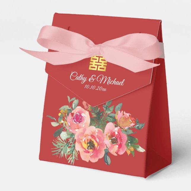 Peony floral double happiness Chinese wedding red Favour Box (Front Side)