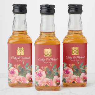 Peony floral double happiness Chinese wedding red Liquor Bottle Label