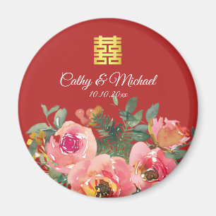 Peony floral double happiness Chinese wedding red  Magnet