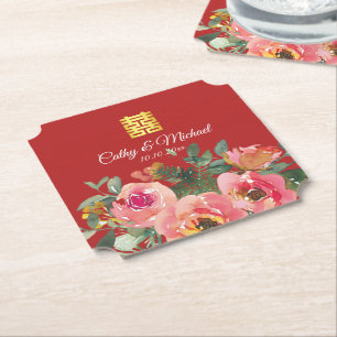 Peony floral double happiness Chinese wedding red Paper Coaster