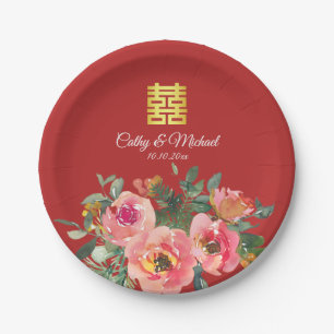 Peony floral double happiness Chinese wedding red Paper Plate