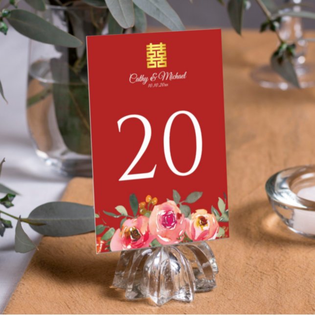 Peony floral double happiness Chinese wedding red  Table Number (Creator Uploaded)