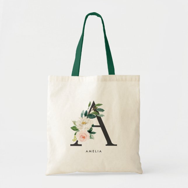 Peony Floral Letter A Black Monogram Bridesmaid Tote Bag (Front)
