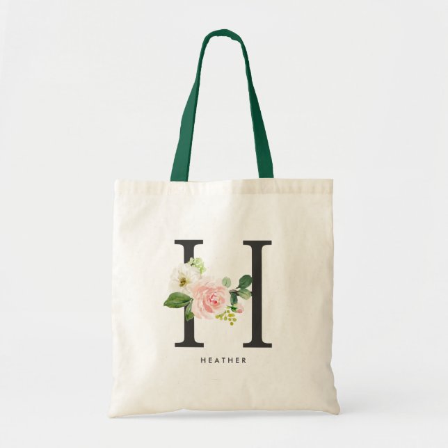 Peony Floral Letter H Black Monogram Bridesmaid Tote Bag (Front)