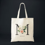 Peony Floral Letter M Black Monogram Bridesmaid Tote Bag<br><div class="desc">Feminine and elegant floral bridesmaid tote bag featuring watercolor illustrations of flowers,  greenery monogram. Personalise by adding a name or short phrase. This letter M floral monogram canvas bag will be perfect as a personalised gift for weddings,  birthdays and so much more.</div>
