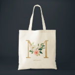 Peony Floral Letter M Gold Monogram Bridesmaid Tote Bag<br><div class="desc">Floral letter M monogram tote bag features watercolor floral bouquet of white and blush pink peonies and roses, greenery accent and faux gold foil letter. This letter M floral bridesmaid monogram tote bag is perfect for weddings, showers, birthdays and so much more. Personalise by adding names or a short phrase....</div>