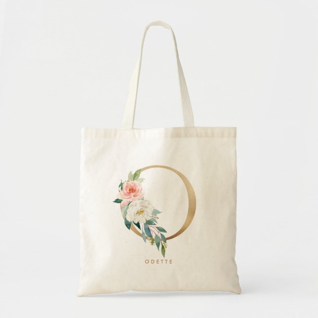 Peony Floral Letter O Gold Monogram Bridesmaid Tote Bag (Front)