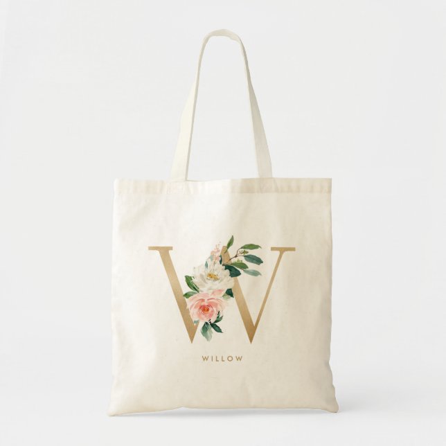 Peony Floral Letter W Gold Monogram Bridesmaid Tote Bag (Front)