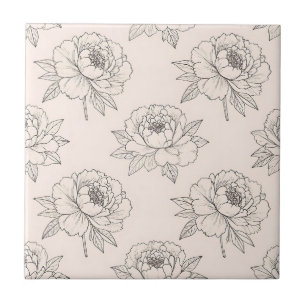 Peony Floral Line Art Pattern Soft Ceramic Tile