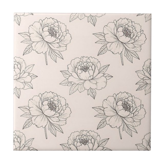 Peony Floral Line Art Pattern Soft Ceramic Tile (Front)