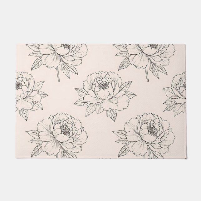 Peony Floral Line Art Pattern Soft Doormat (Front)