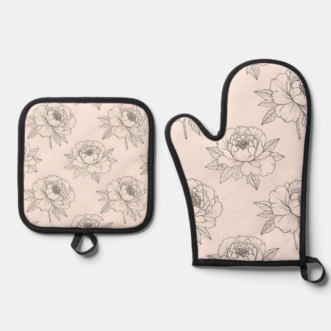 Peony Floral Line Art Pattern Soft Oven Mitt & Pot Holder Set (Front)