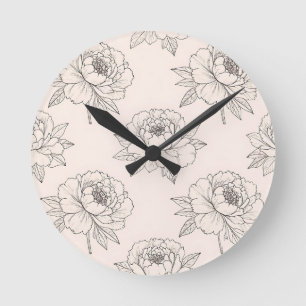 Peony Floral Line Art Pattern Soft Round Clock