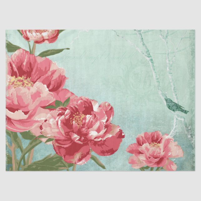 Peony Floral Mint Pink Burgundy Retro Chintz Bird Tissue Paper (Front)