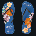 Peony Floral Mother of the Groom Blue Wedding  Thongs<br><div class="desc">This desirable pair of flip flops features retro aesthetic pattern of beautiful peony flowers on the blue background, and changeable typography "Mother of the groom". These personalised and elegant flip flops are a memorable gift for wedding party members: bride, bridesmaids, mother of the bride, maid of honour... They will add...</div>