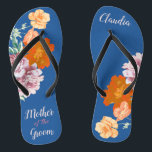 Peony Floral Mother of the Groom Blue Wedding  Thongs<br><div class="desc">This desirable pair of flip flops features retro aesthetic pattern of beautiful peony flowers on the blue background, and changeable typography "Mother of the groom". These personalised and elegant flip flops are a memorable gift for wedding party members: bride, bridesmaids, mother of the bride, maid of honour... They will add...</div>