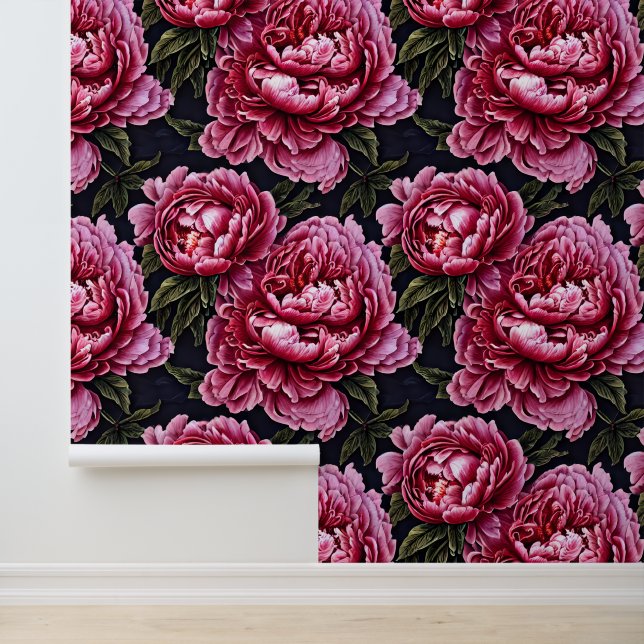 Peony floral mural country flowers pink black wallpaper (Application)