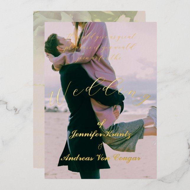 Peony Floral Photo Wedding  Foil Invitation (Front/Back)