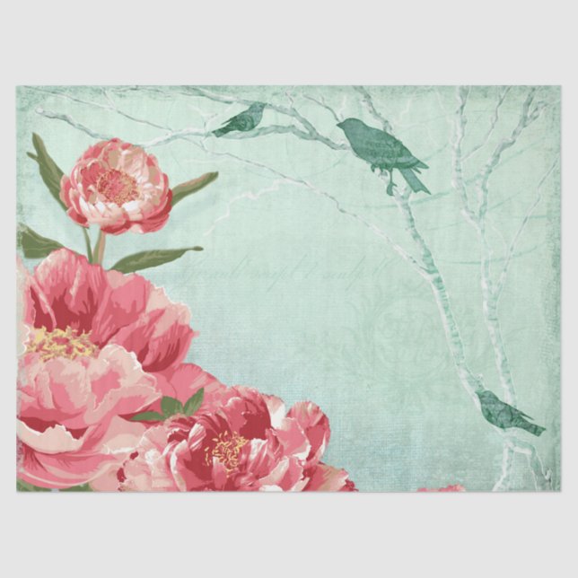 Peony Floral Pink Red Burgundy Chintz Bird in Tree Tissue Paper (Front)