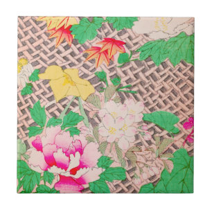 Peony Floral Print Vintage Japanese Retro Pattern Ceramic Tile