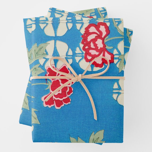 Peony Floral Print Vintage Japanese Retro Pattern Wrapping Paper Sheet (In situ)