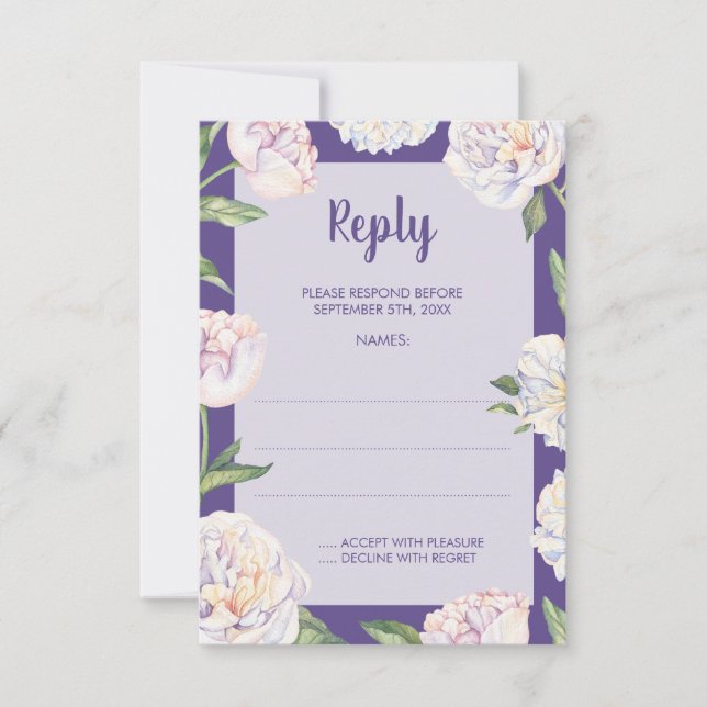 Peony Floral Violet Purple Wedding Reply Cards (Front)