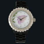 *~* Peony Floral Watercolor Pink Lavender Popular Watch<br><div class="desc">* A Lovely Lavender and pink on a glowing white background. This design is an impressive very pretty watercolor peony flower gracing the face of this women's watch. * The strap is black and made of hard sturdy enamel. There are sparkling rhinestones around the face of the watch give this...</div>
