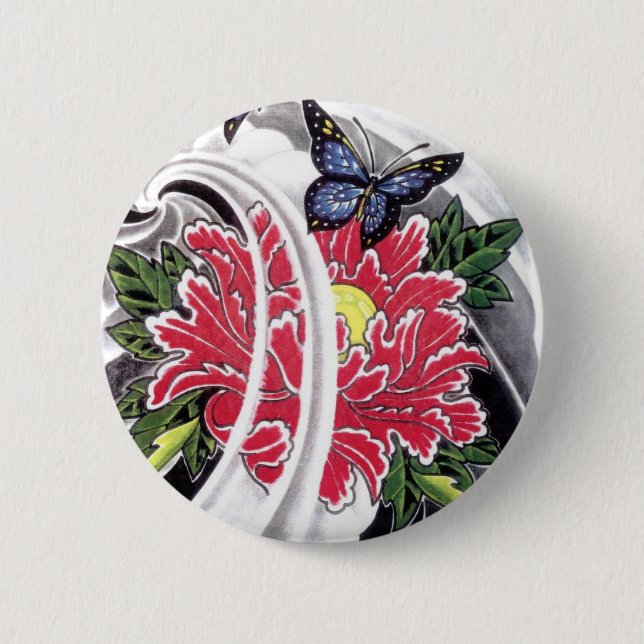 Peony Flower and Butterfly Tattoo Design 6 Cm Round Badge (Front)