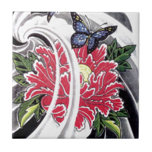 Peony Flower and Butterfly Tattoo Design Ceramic Tile