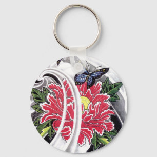 Peony Flower and Butterfly Tattoo Design Key Ring
