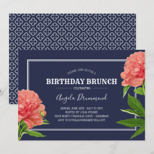 Peony Flower Birthday Brunch Blue Invitation