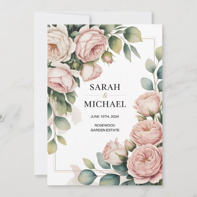 Peony flower border wedding invitation (Front)