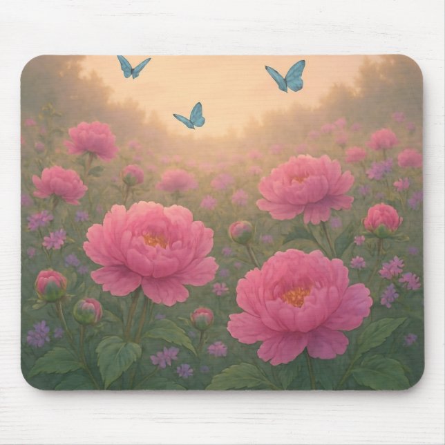 Peony Flower Field at Sunset Mouse Pad (Front)