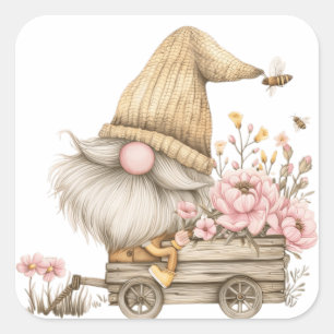 Peony Flower Gnome Square Sticker