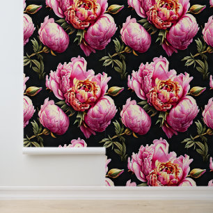 Peony flower pattern pink black green floral wallpaper