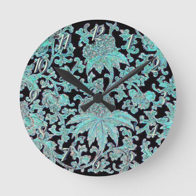 Peony flower turquoise and black round clock (Front)