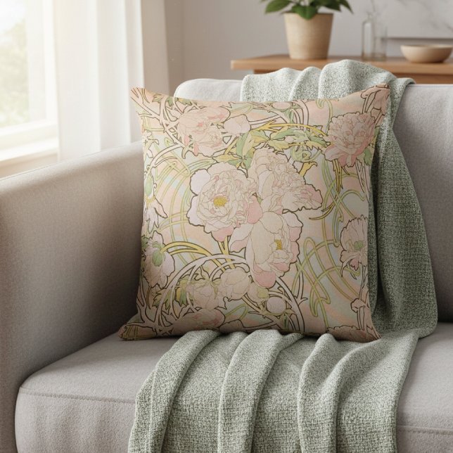Peony Flowers Alphonse Mucha Cushion (Creator Uploaded)