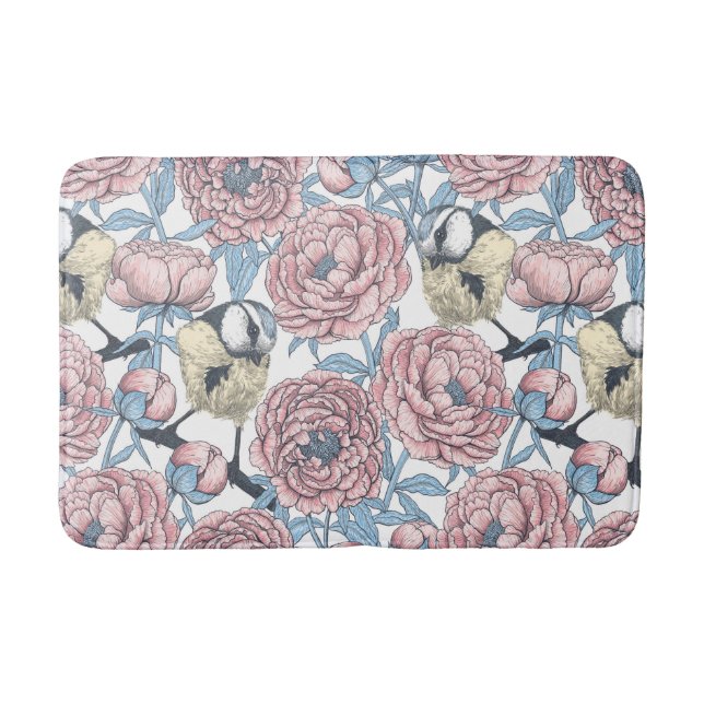 Peony flowers and birds bath mat (Front)