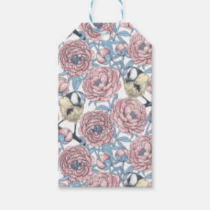 Peony flowers and birds gift tags
