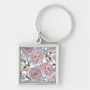 Peony flowers and birds key ring