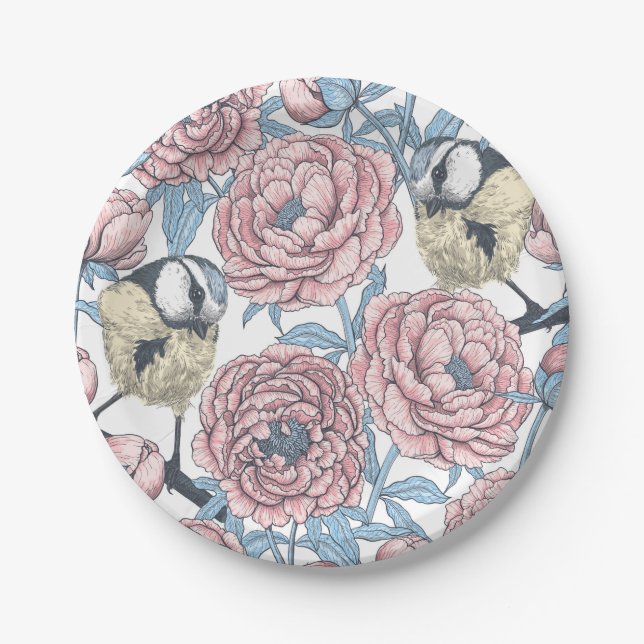Peony flowers and birds paper plate (Front)