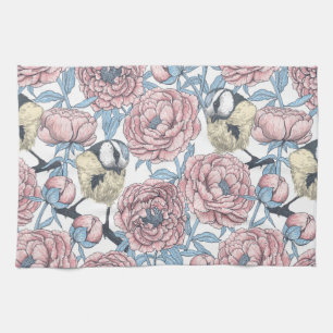 Peony flowers and birds tea towel