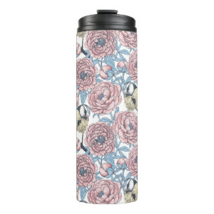 Peony flowers and birds thermal tumbler